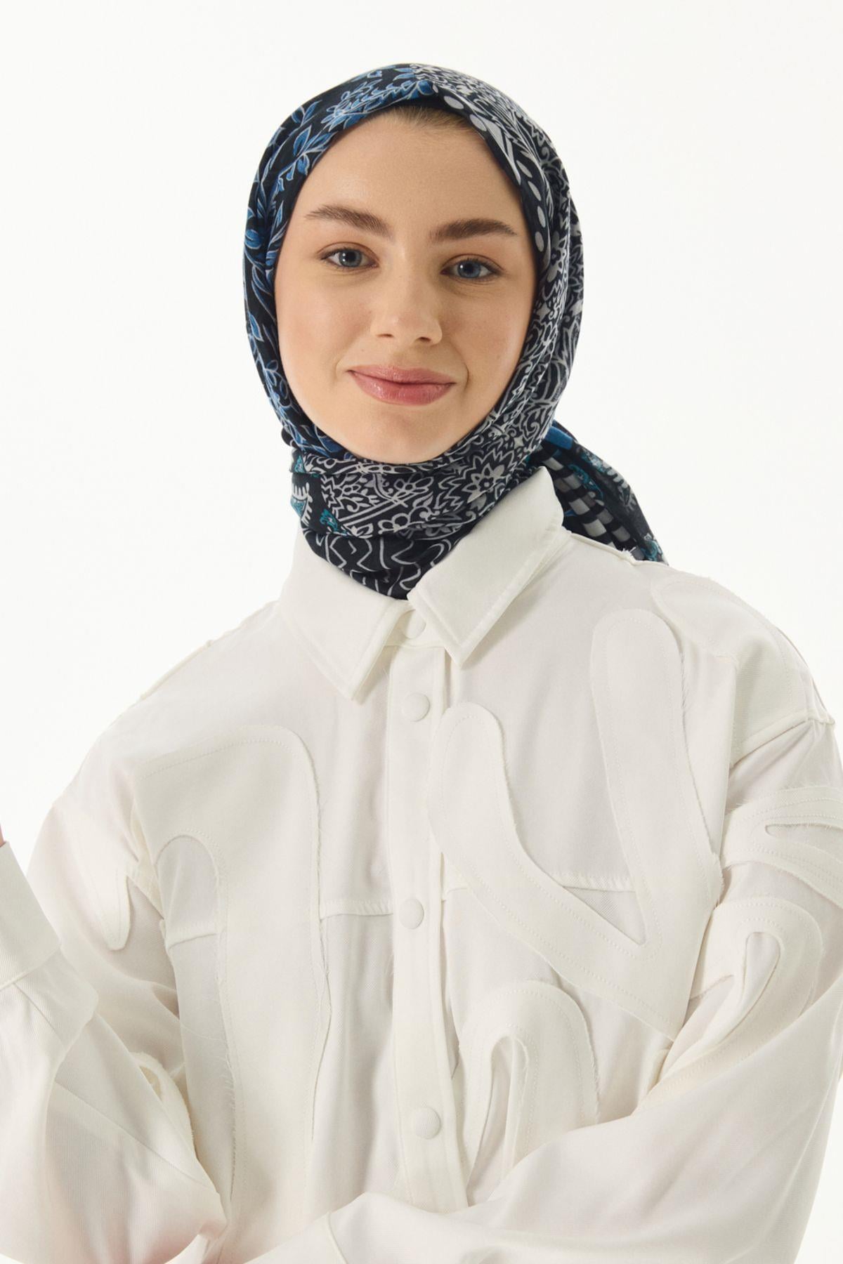 Adalie petrol geometrik çiçek desen pamuklu şal | Renk: Petrol