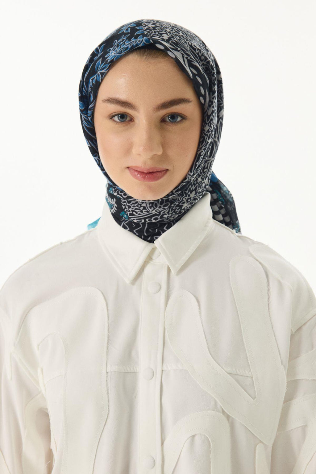 Adalie petrol geometrik çiçek desen pamuklu şal | Renk: Petrol