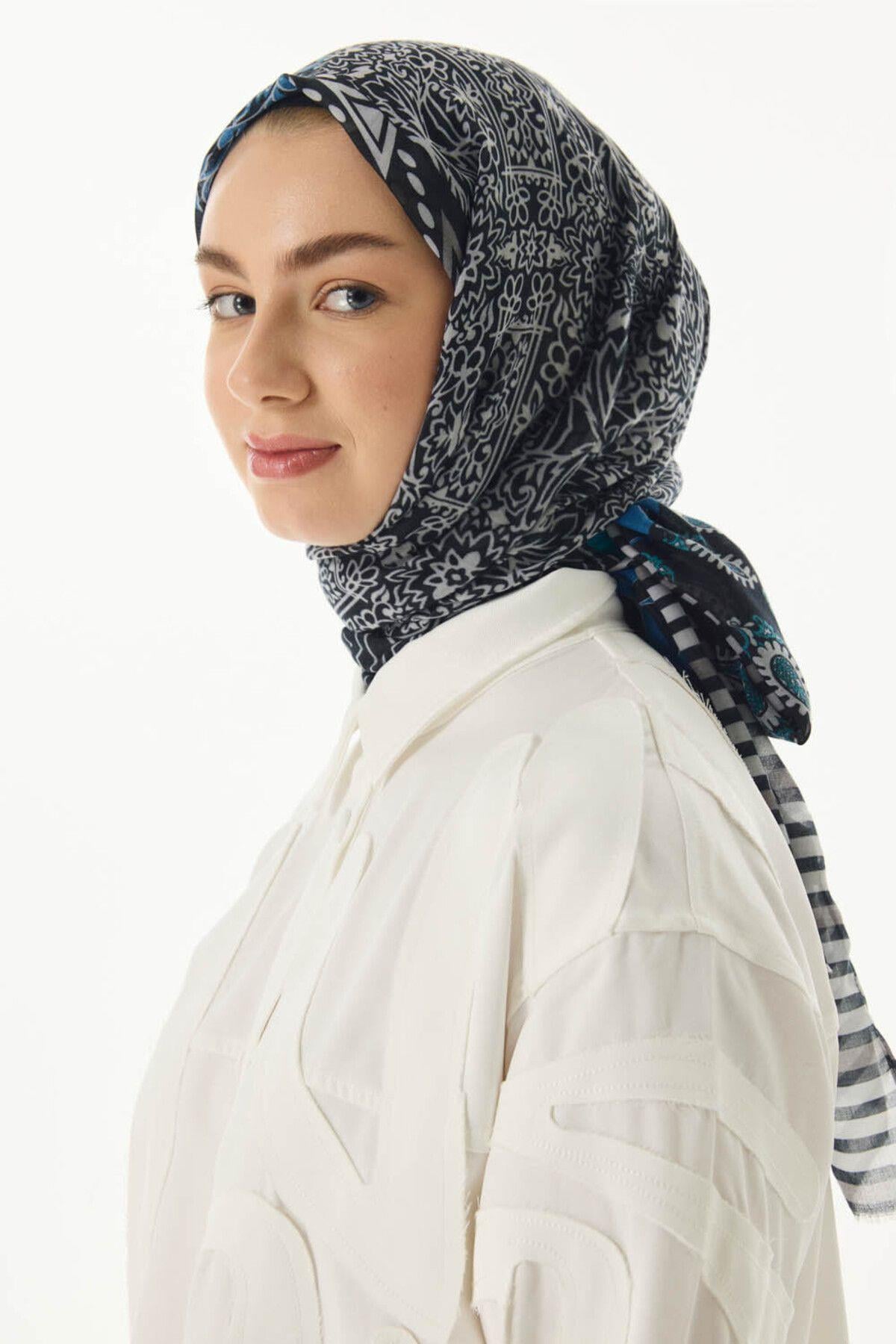 Adalie petrol geometrik çiçek desen pamuklu şal | Renk: Petrol