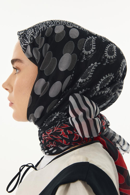 Adalie siyah geometrik çiçek desen pamuklu şal | Renk: Siyah