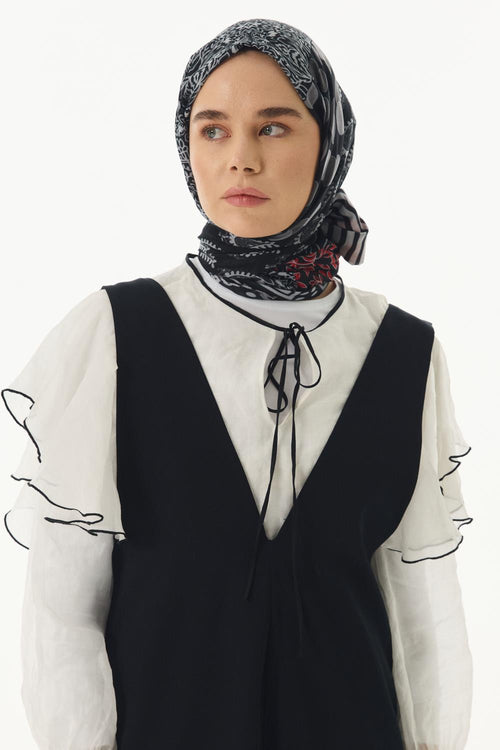 Adalie siyah geometrik çiçek desen pamuklu şal | Renk: Siyah