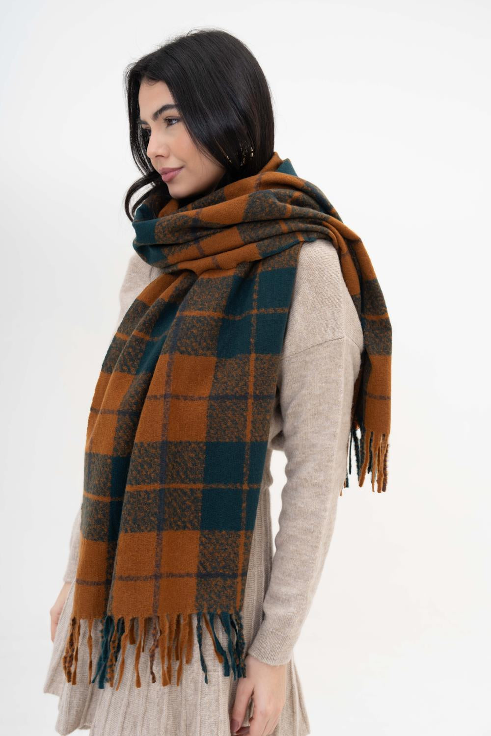 Adela tarçın çizgi kare desen yün-akrilik karışım desenli kışlık atkı | Renk: Tarçın