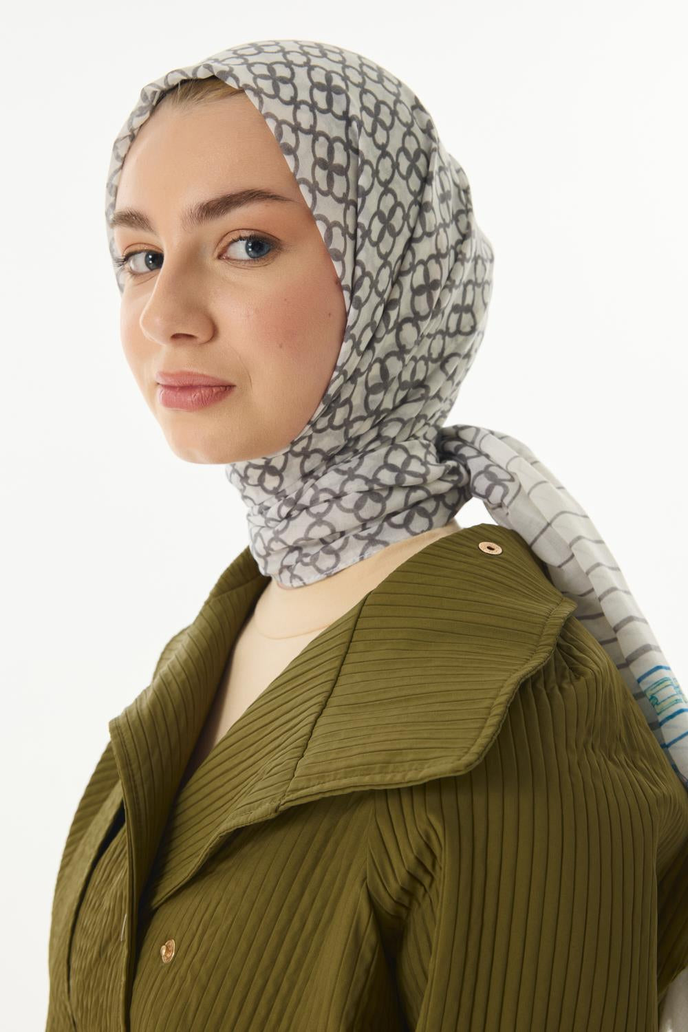 Aida ekru geometrik desen pamuklu şal | Renk: Ekru