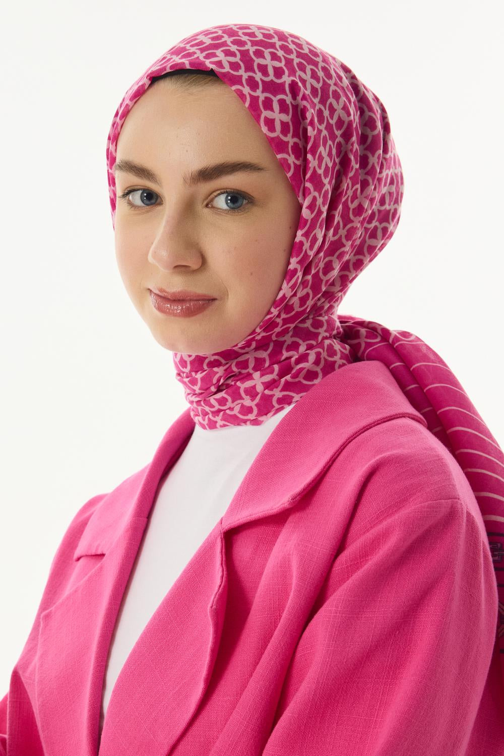 Aida fuşya geometrik desen pamuklu şal | Renk: Fuşya