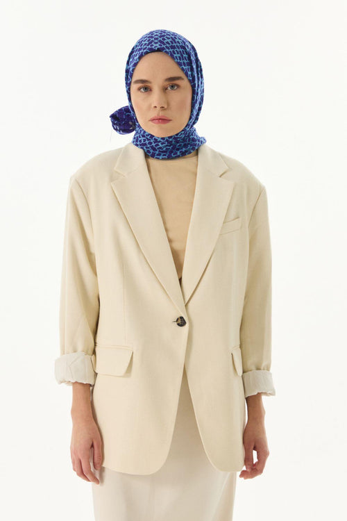 Aida saks mavi geometrik desen pamuklu şal | Renk: Saks mavi
