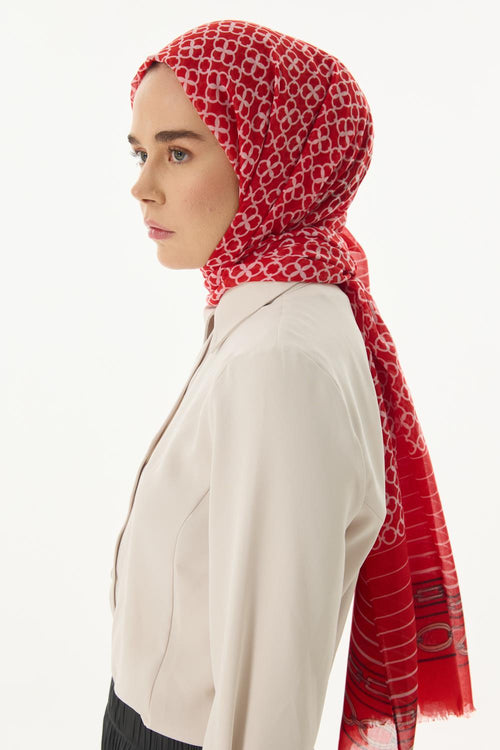 Aida kırmızı geometrik desen pamuklu şal | Renk: Kırmızı