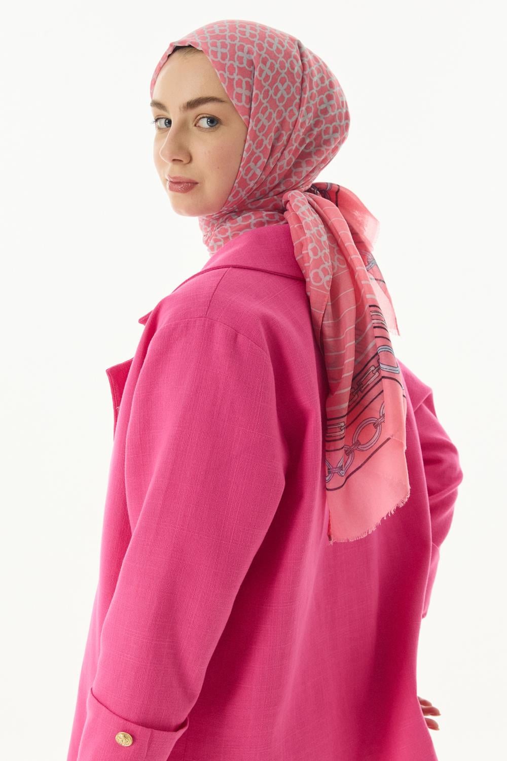 Aida şeker pembe geometrik desen pamuklu şal | Renk: Şeker pembe
