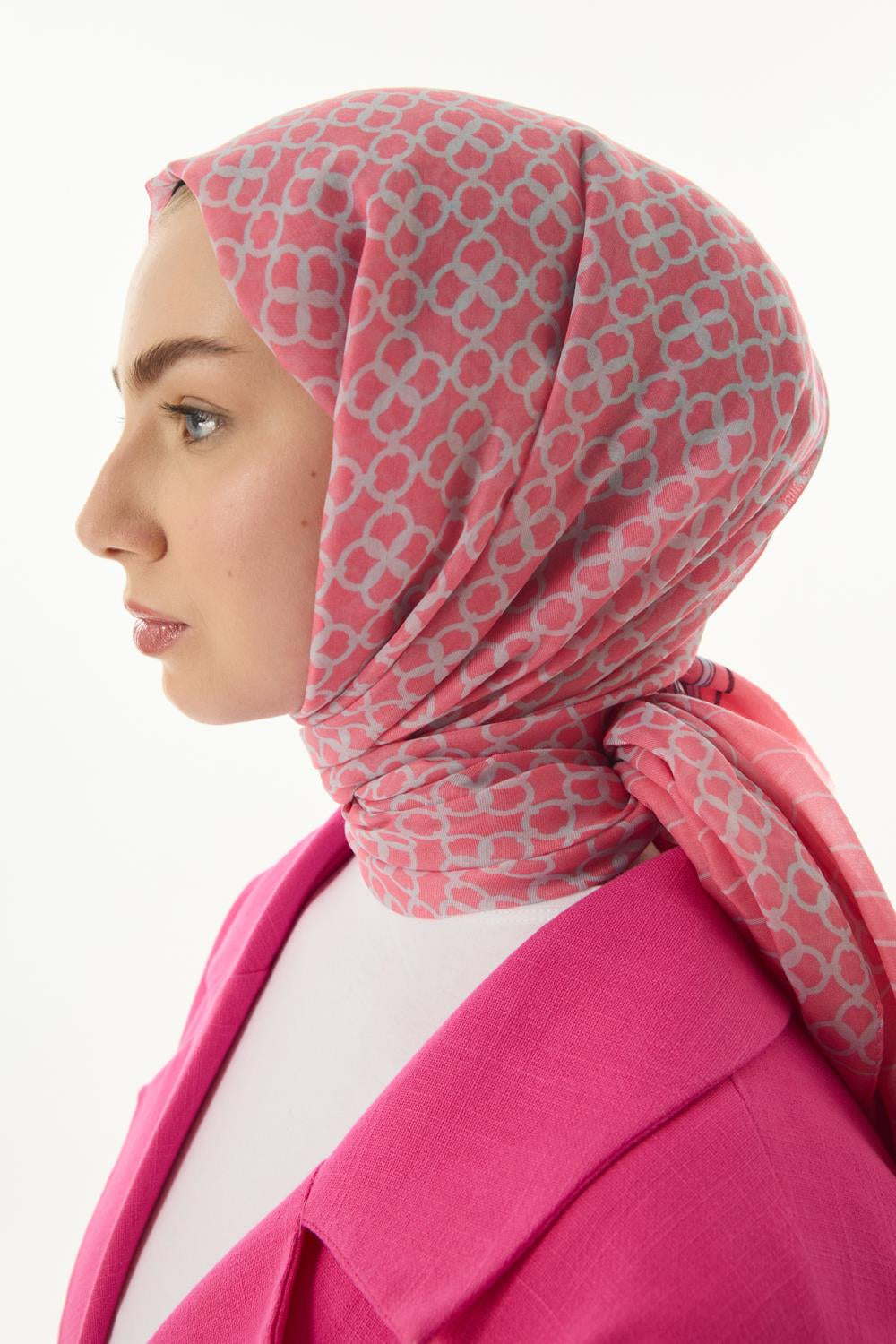 Aida şeker pembe geometrik desen pamuklu şal | Renk: Şeker pembe