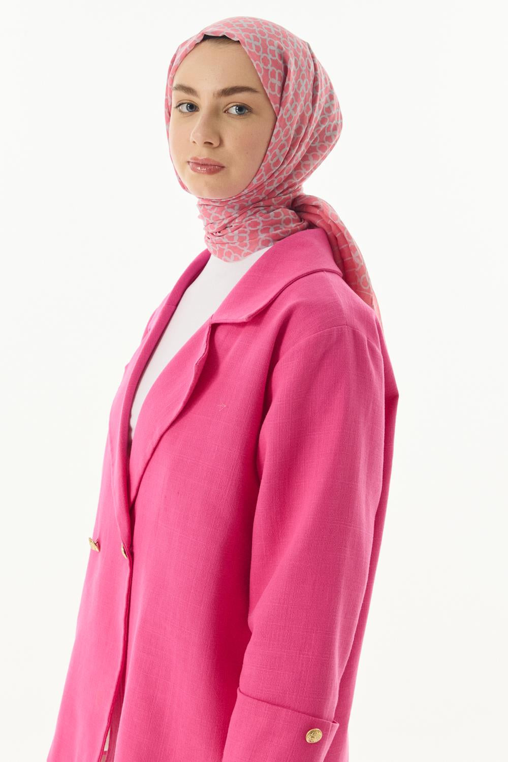 Aida şeker pembe geometrik desen pamuklu şal | Renk: Şeker pembe