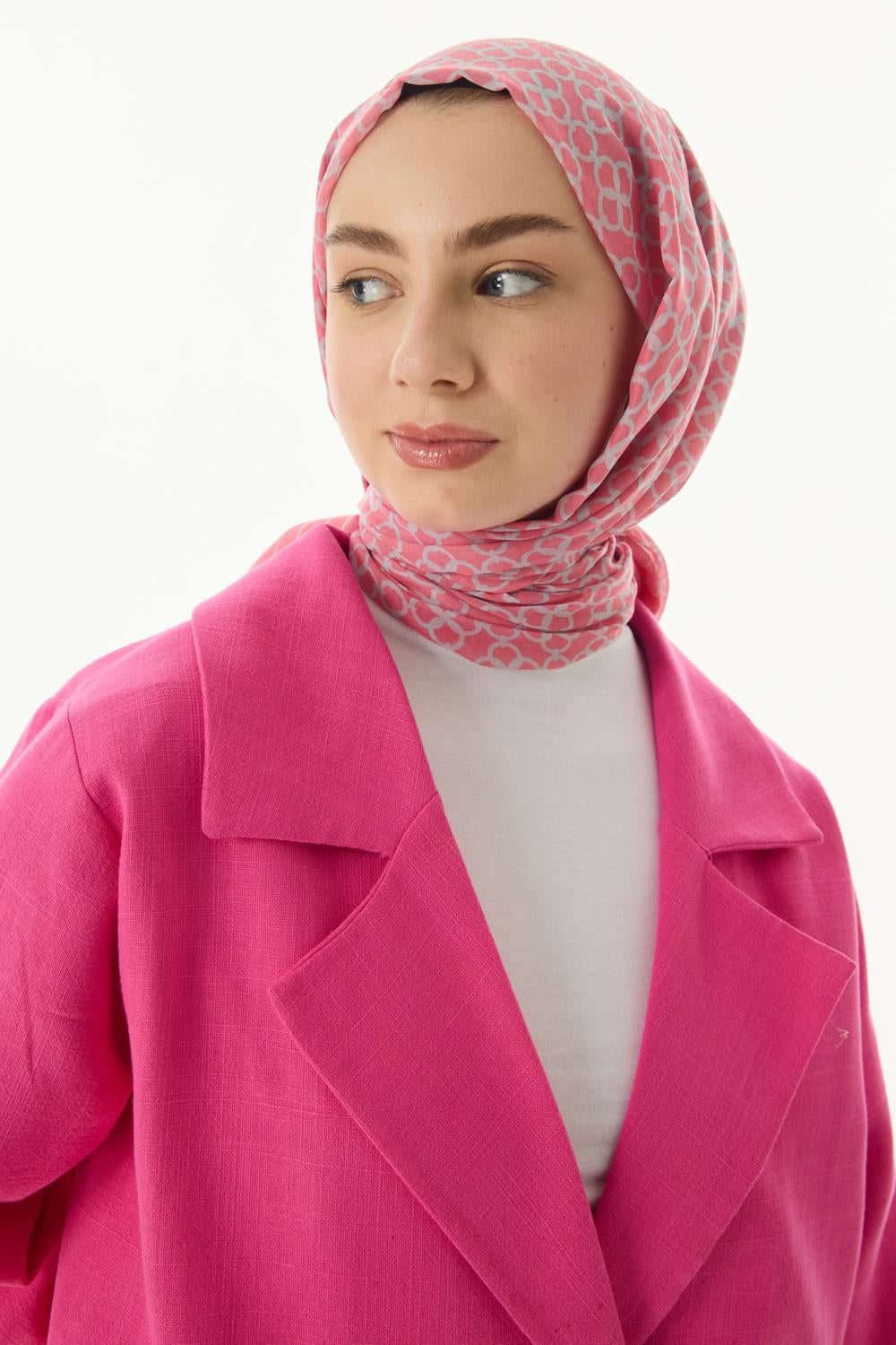 Aida şeker pembe geometrik desen pamuklu şal | Renk: Şeker pembe