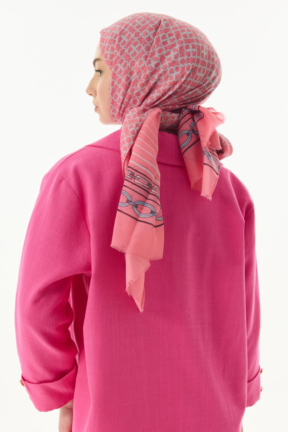 Aida şeker pembe geometrik desen pamuklu şal | Renk: Şeker pembe