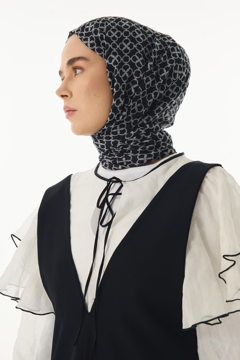 Aida siyah geometrik desen pamuklu şal | Renk: Siyah