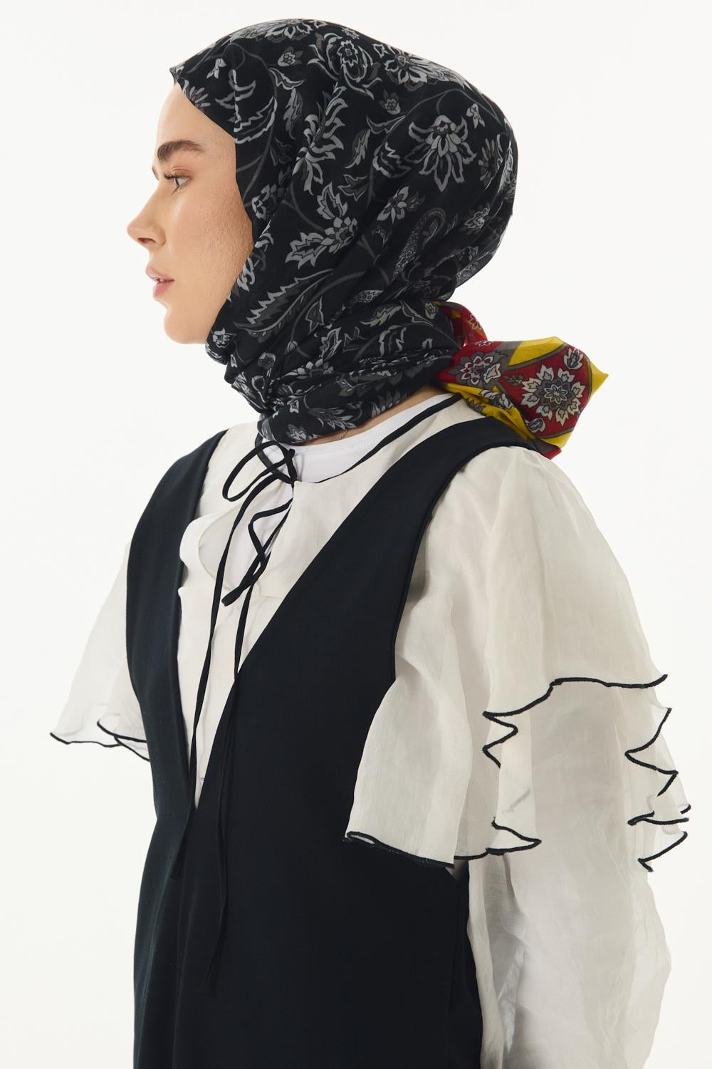 Amaya siyah-sarı etnik desen pamuklu şal | Renk: Siyah sarı