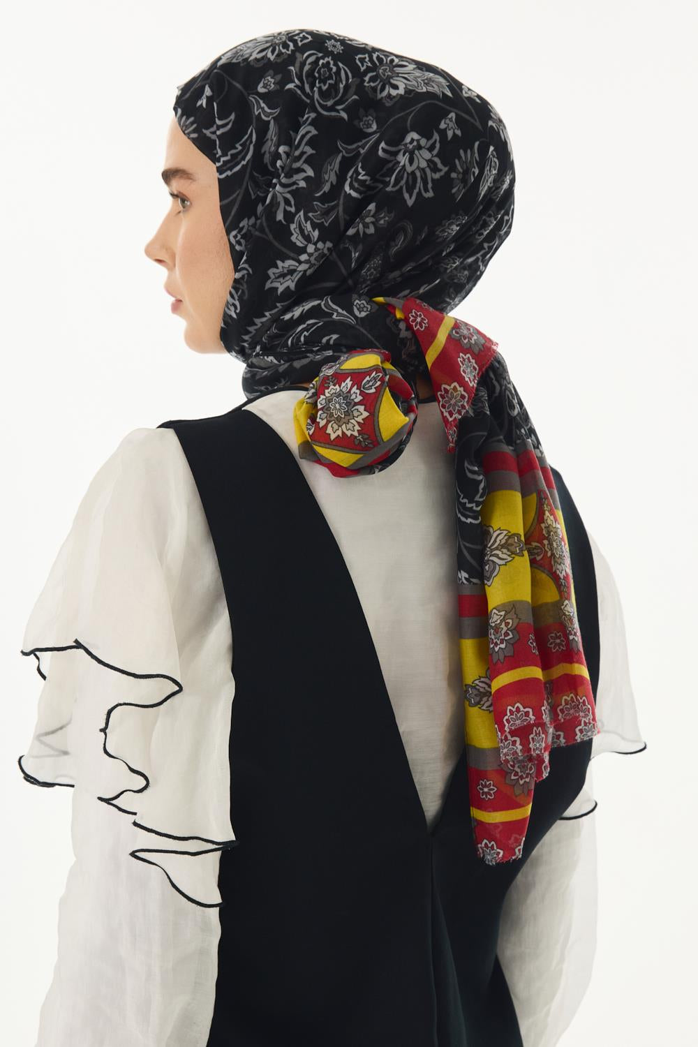 Amaya siyah-sarı etnik desen pamuklu şal | Renk: Siyah sarı