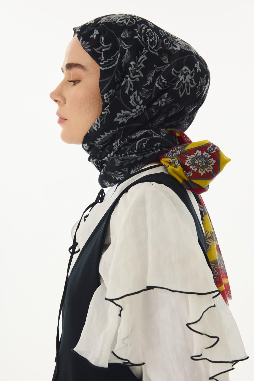 Amaya siyah-sarı etnik desen pamuklu şal | Renk: Siyah sarı