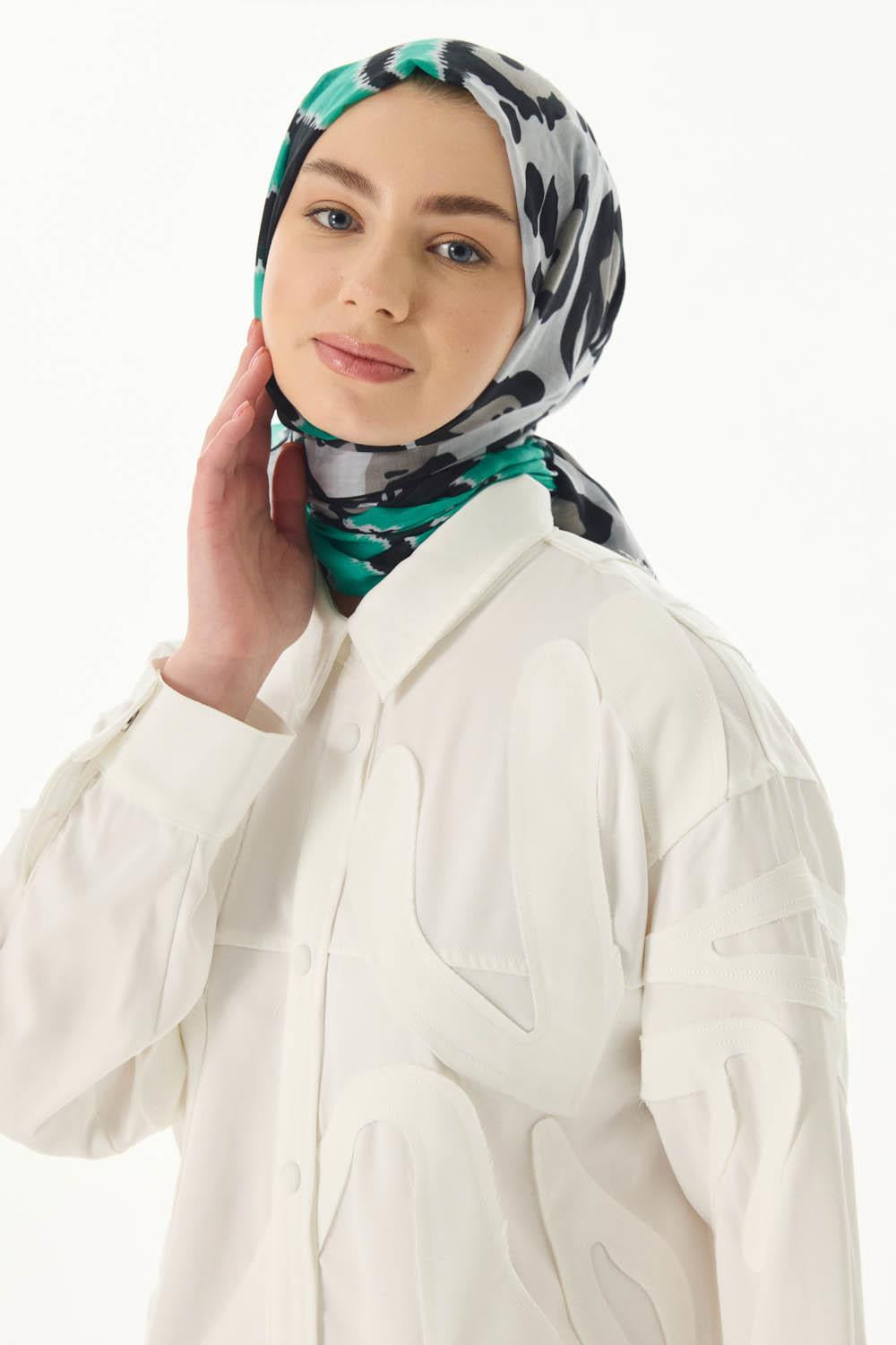 Amber mint-siyah dalga desen pamuklu şal | Renk: Mint siyah