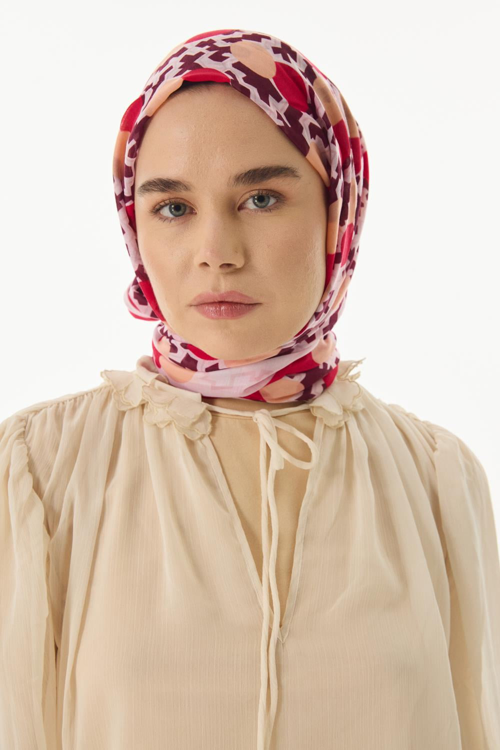 Amy kırmızı-somon grafik desen pamuklu şal | Renk: Kırmızı somon