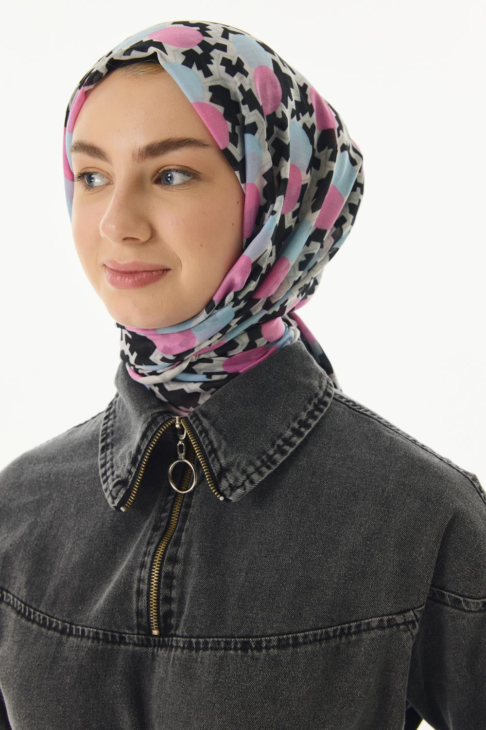 Amy siyah-pudra grafik desen pamuklu şal | Renk: Siyah-pudra