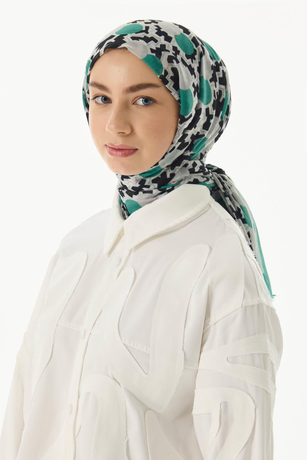 Amy yeşil grafik desen pamuklu şal | Renk: Yeşil