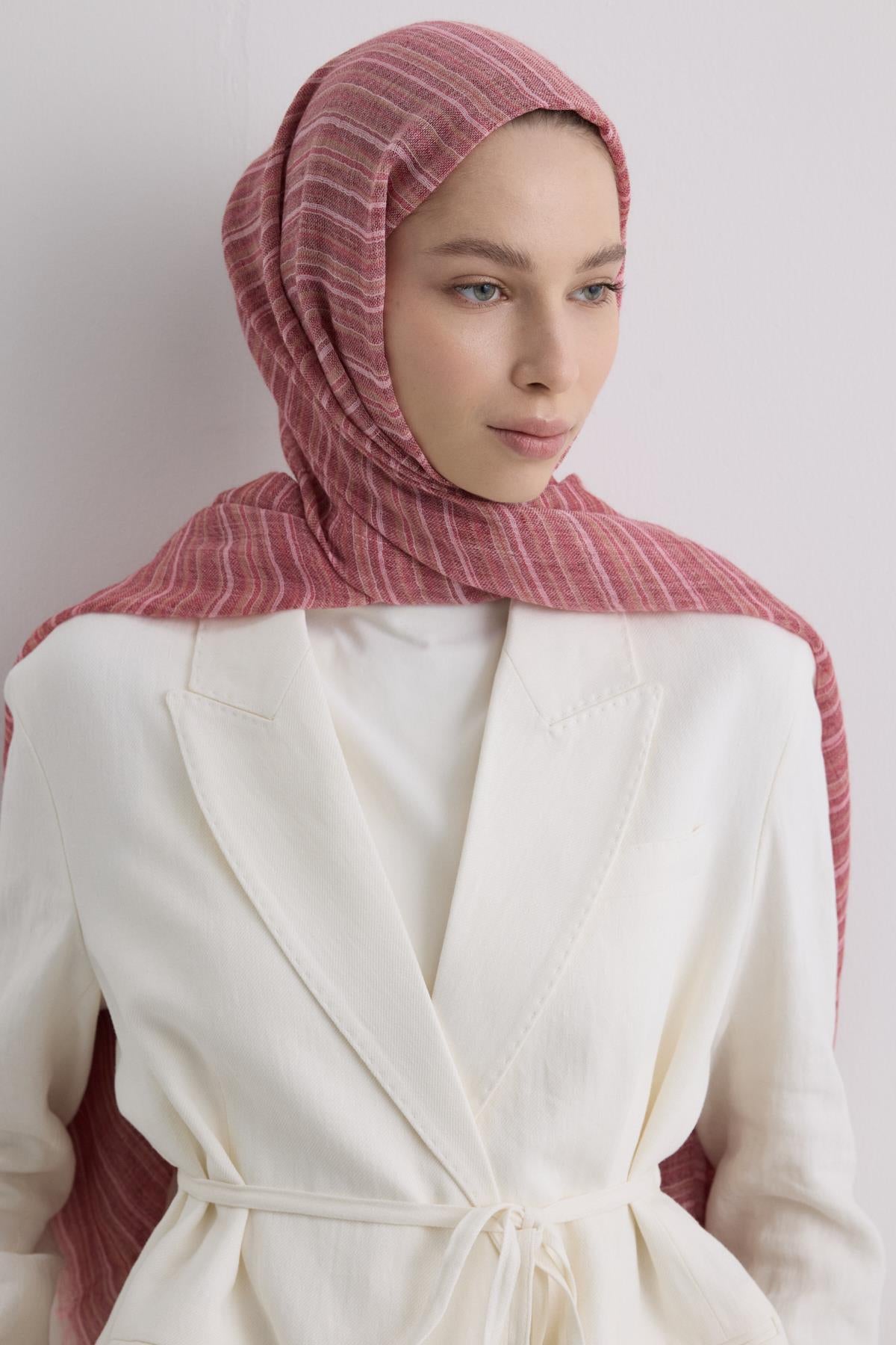 Baby pembe ince çizgili keten dokulu pamuklu şal | Renk: Pembe
