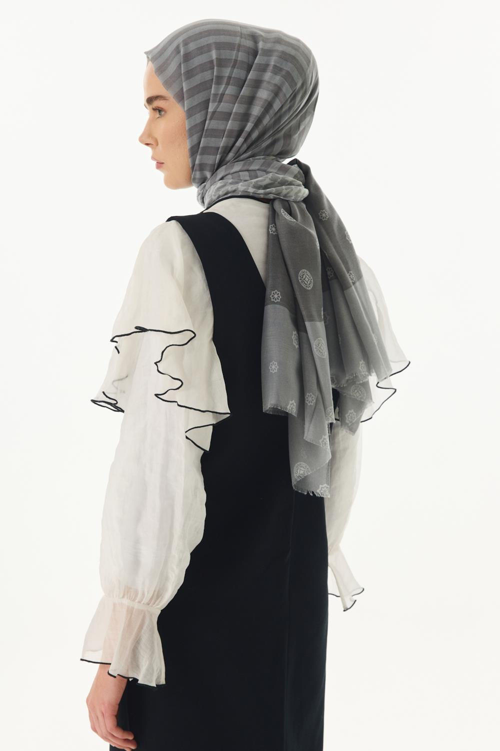 Belinda gri minimal desen pamuklu şal | Renk: Gri