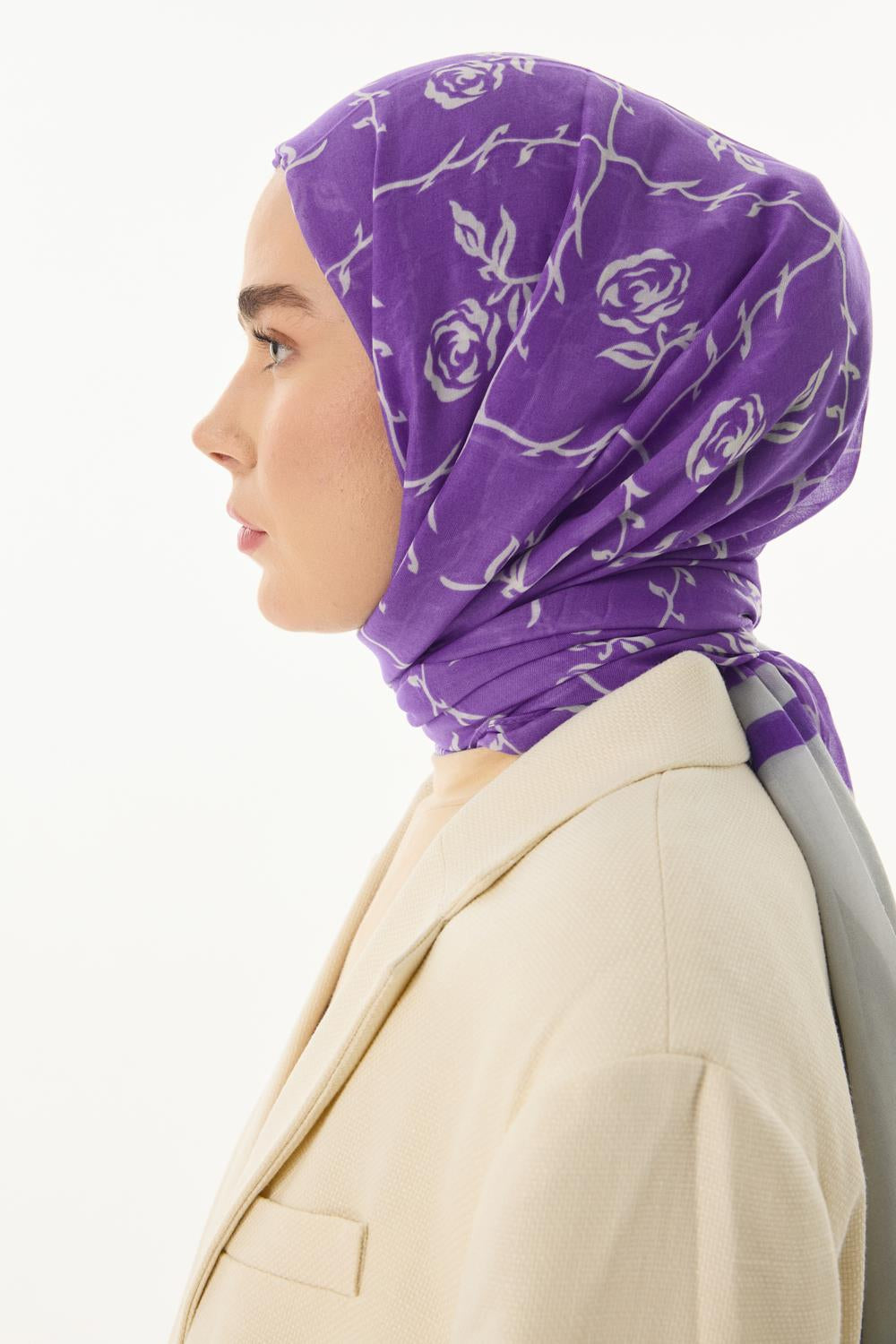 Berry gri-mor rose desen pamuklu şal | Renk: Gri mor