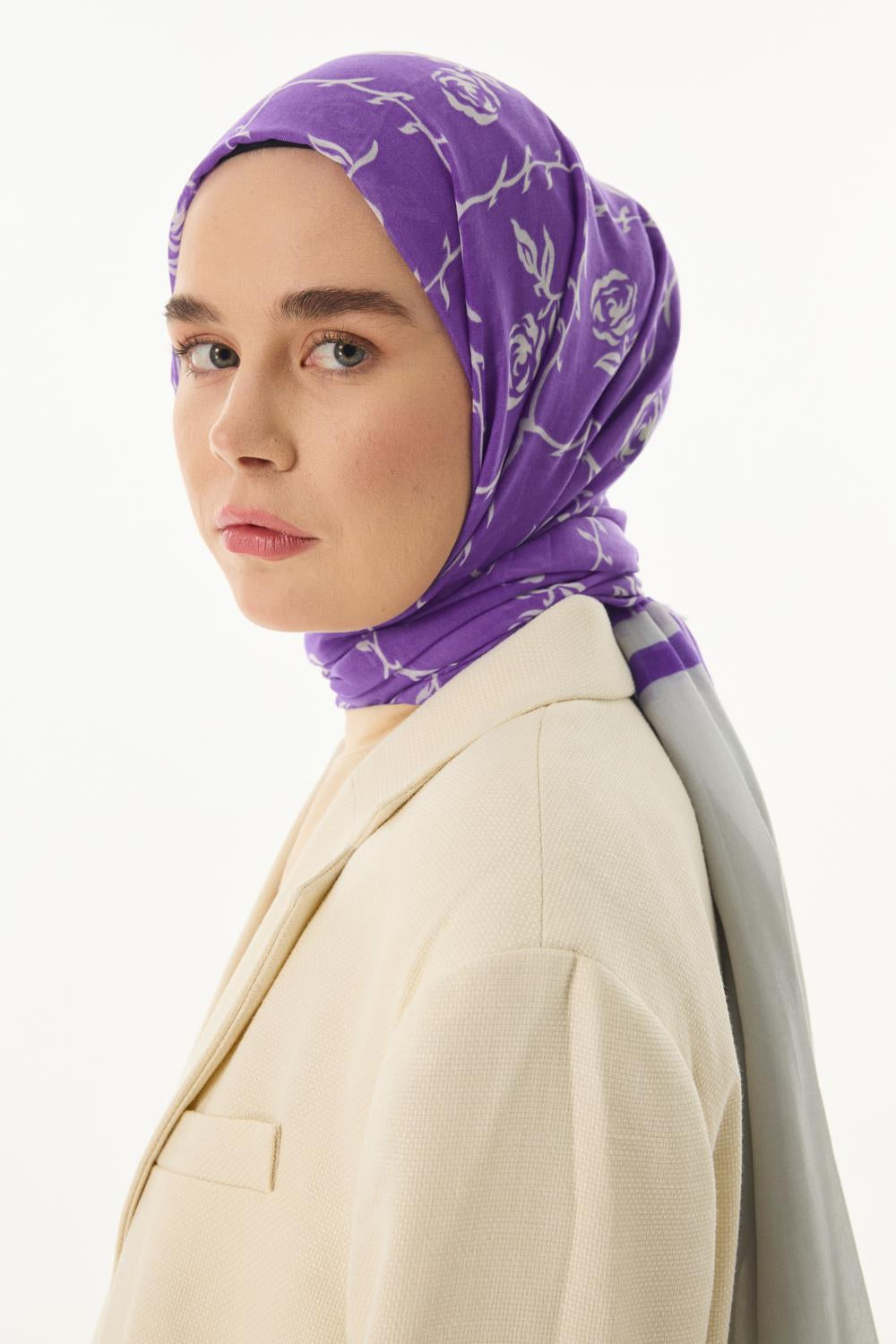 Berry gri-mor rose desen pamuklu şal | Renk: Gri mor