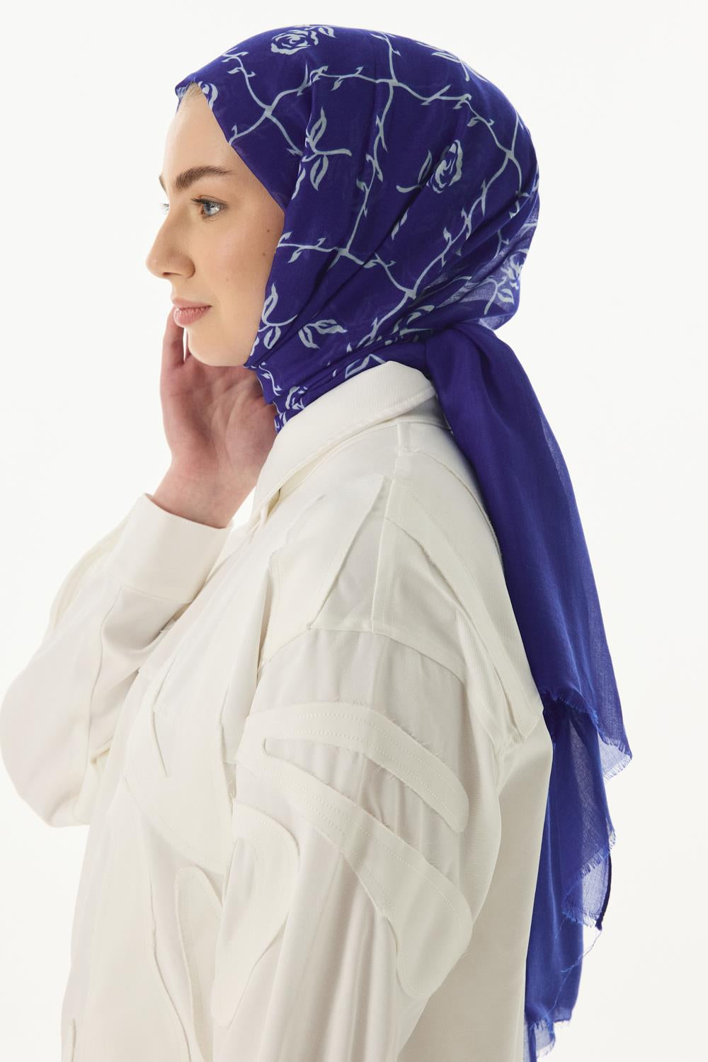 Berry saks mavi rose desen pamuklu şal | Renk: Saks mavi