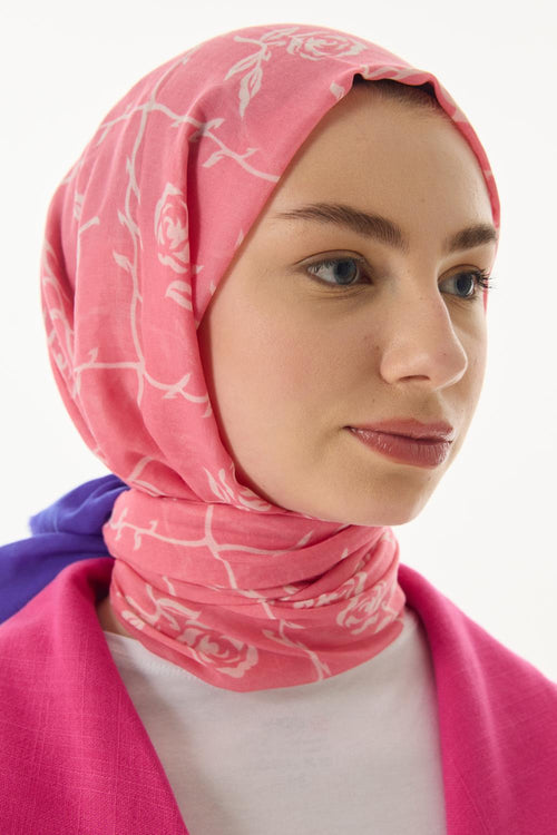 Berry şeker pembe-saks mavi rose desen pamuklu şal | Renk: Şeker pembe saks mavi