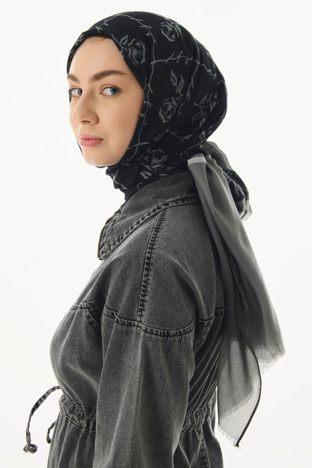 Berry siyah-gri rose desen pamuklu şal | Renk: Siyah gri