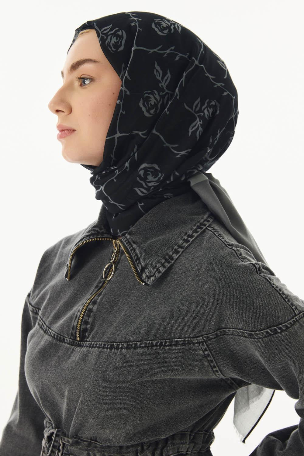 Berry siyah-gri rose desen pamuklu şal | Renk: Siyah gri