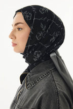 Berry siyah-gri rose desen pamuklu şal | Renk: Siyah gri