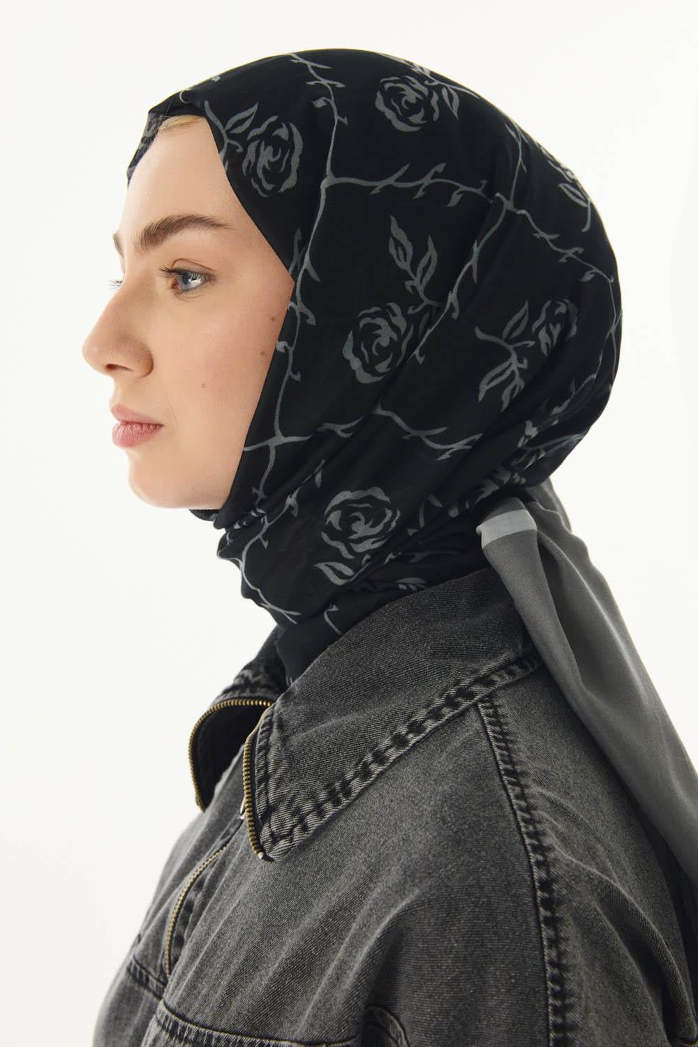Berry siyah-gri rose desen pamuklu şal | Renk: Siyah gri