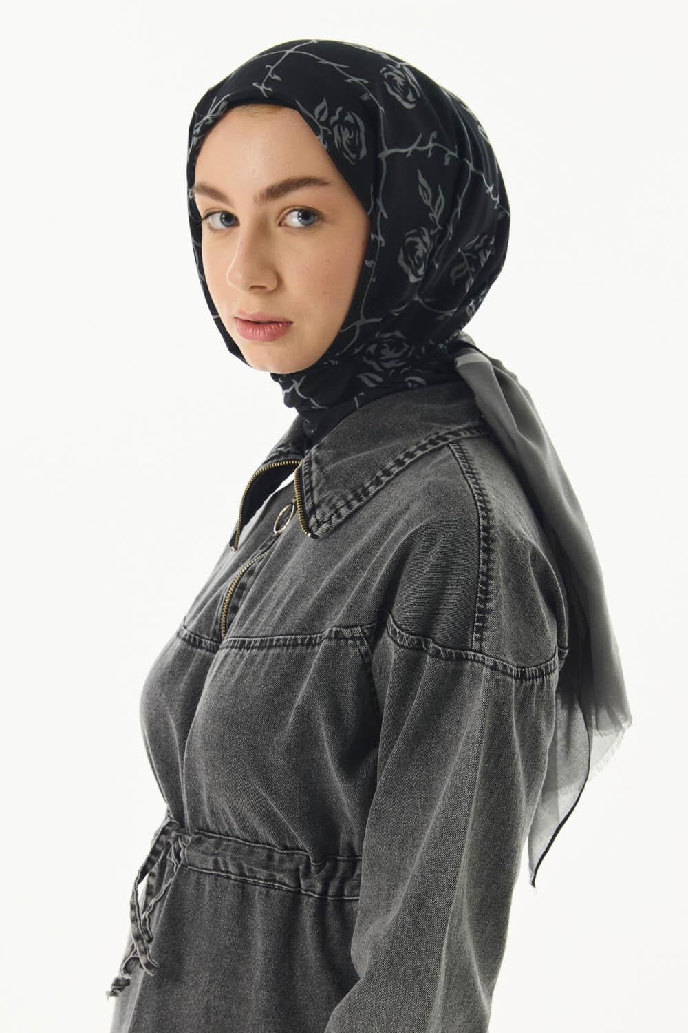 Berry siyah-gri rose desen pamuklu şal | Renk: Siyah gri