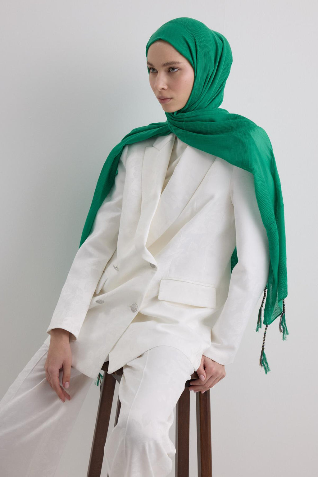 Brıce benetton yeşil uzun saçak püsküllü pamuklu şal | Renk: Benetton yeşil