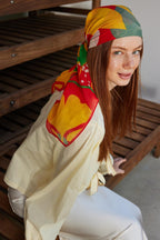 Cassandra sarı - kırmızı flora desen pamuk ipek eşarp | Renk: Sarı kırmızı