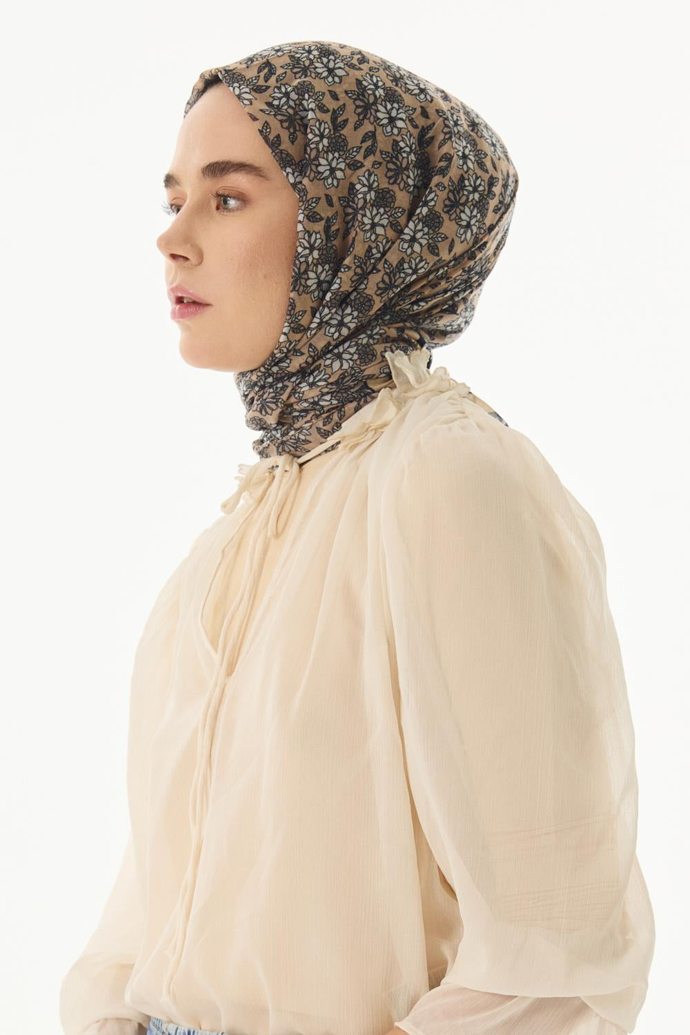 Daisy bej çiçek desen pamuklu şal | Renk: Bej