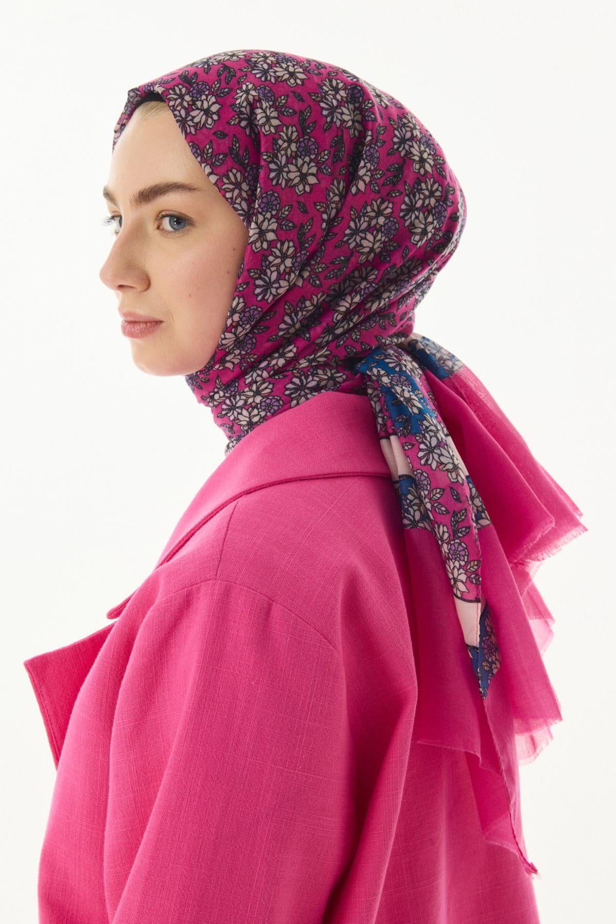 Daisy fuşya çiçek desen pamuklu şal | Renk: Fuşya