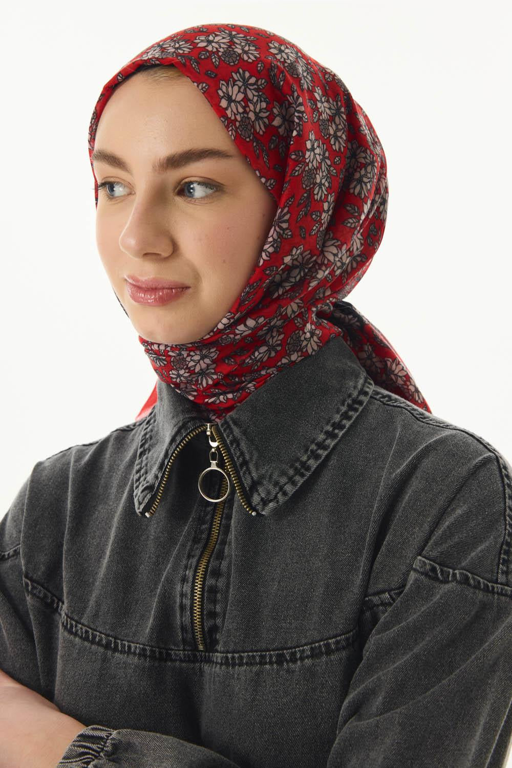 Daisy kırmızı çiçek desen pamuklu şal | Renk: Kırmızı