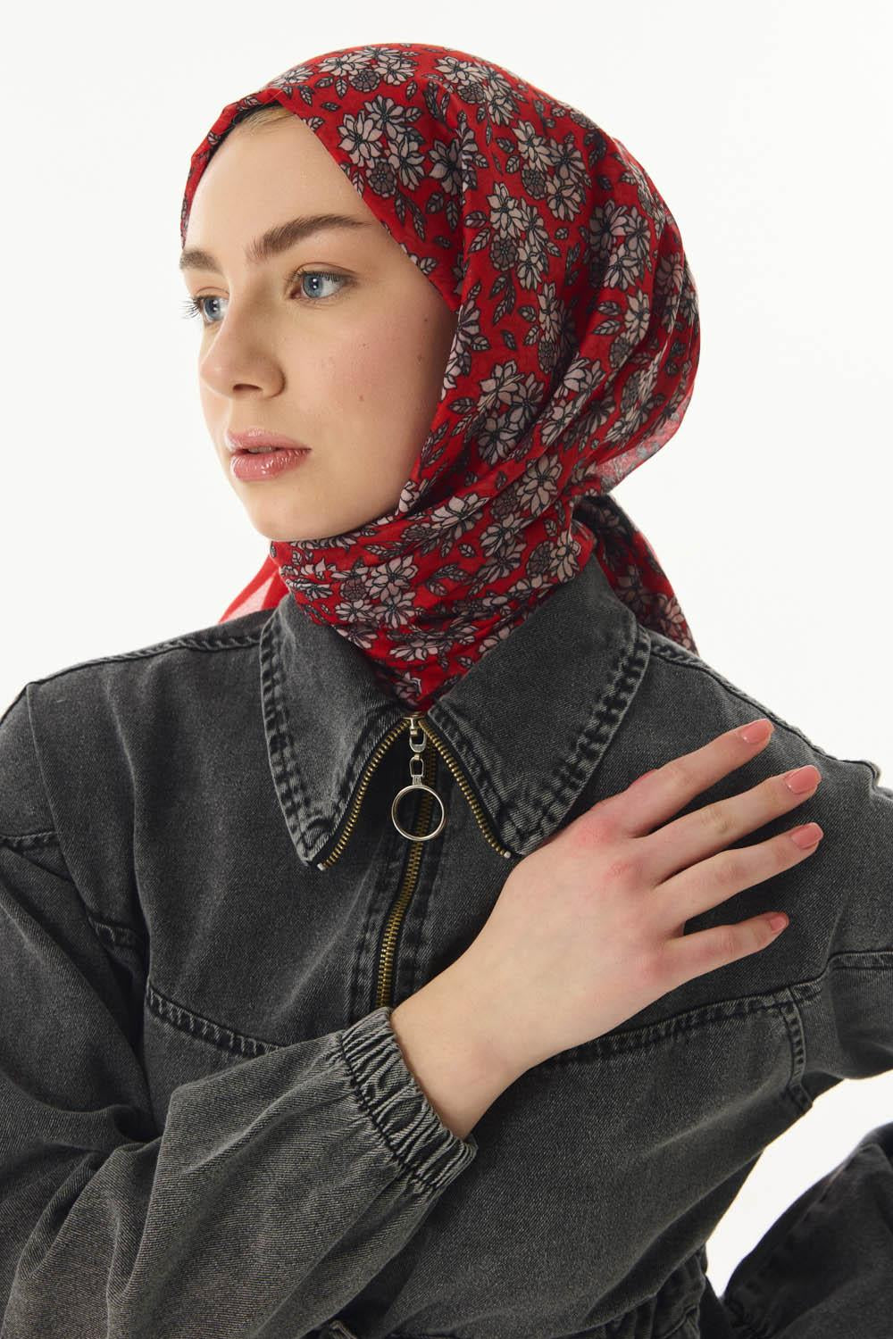 Daisy kırmızı çiçek desen pamuklu şal | Renk: Kırmızı
