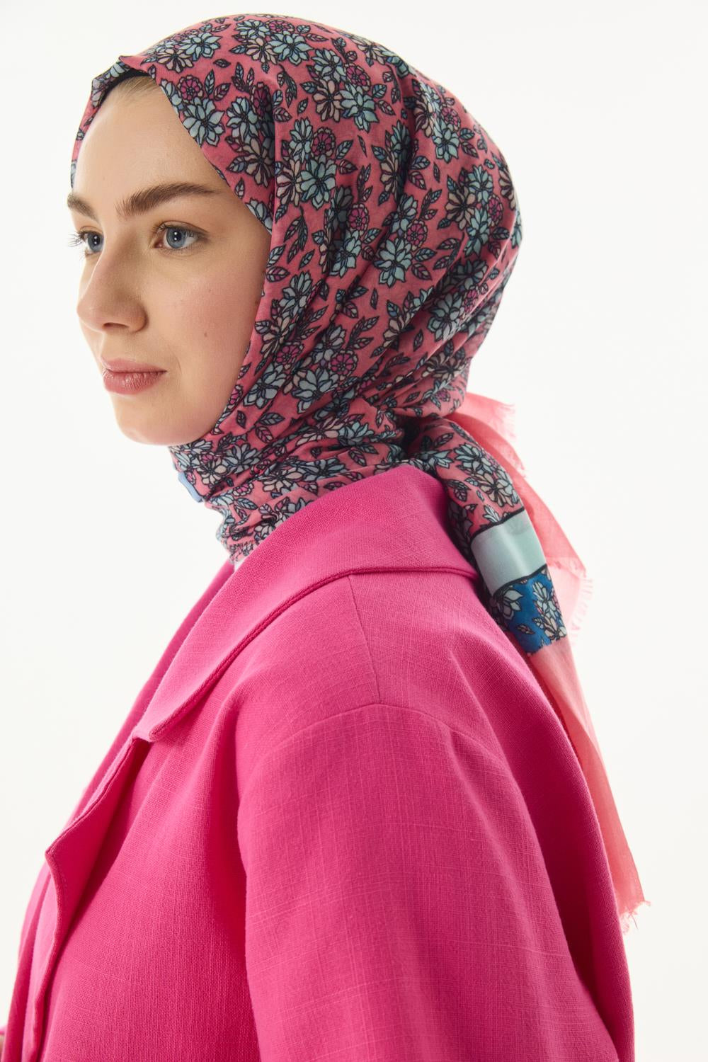 Daisy şeker pembe çiçek desen pamuklu şal | Renk: Şeker pembe