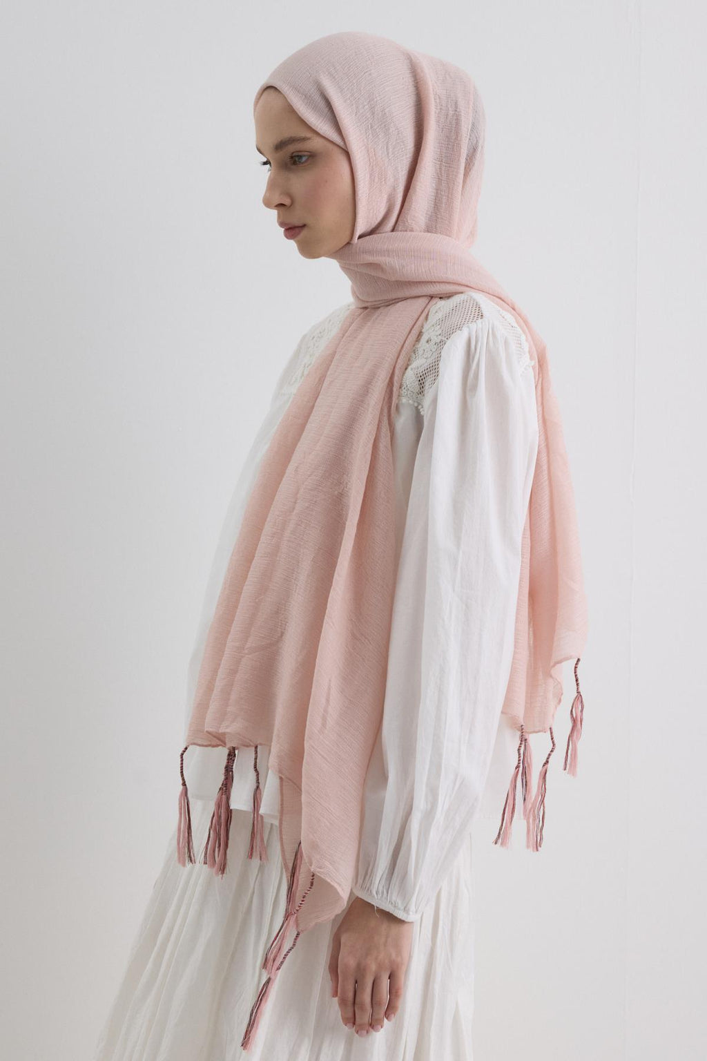Drew toz pembe bohem uzun saçaklı pamuklu şal | Renk: Toz pembe