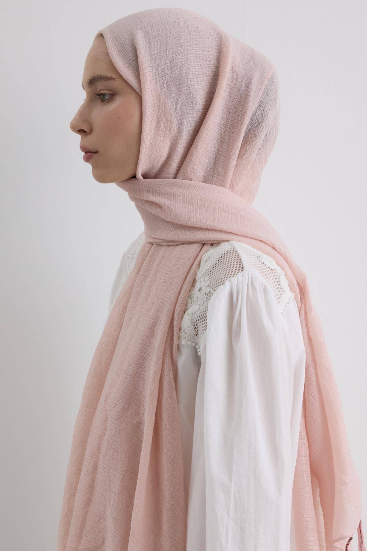 Drew toz pembe bohem uzun saçaklı pamuklu şal | Renk: Toz pembe
