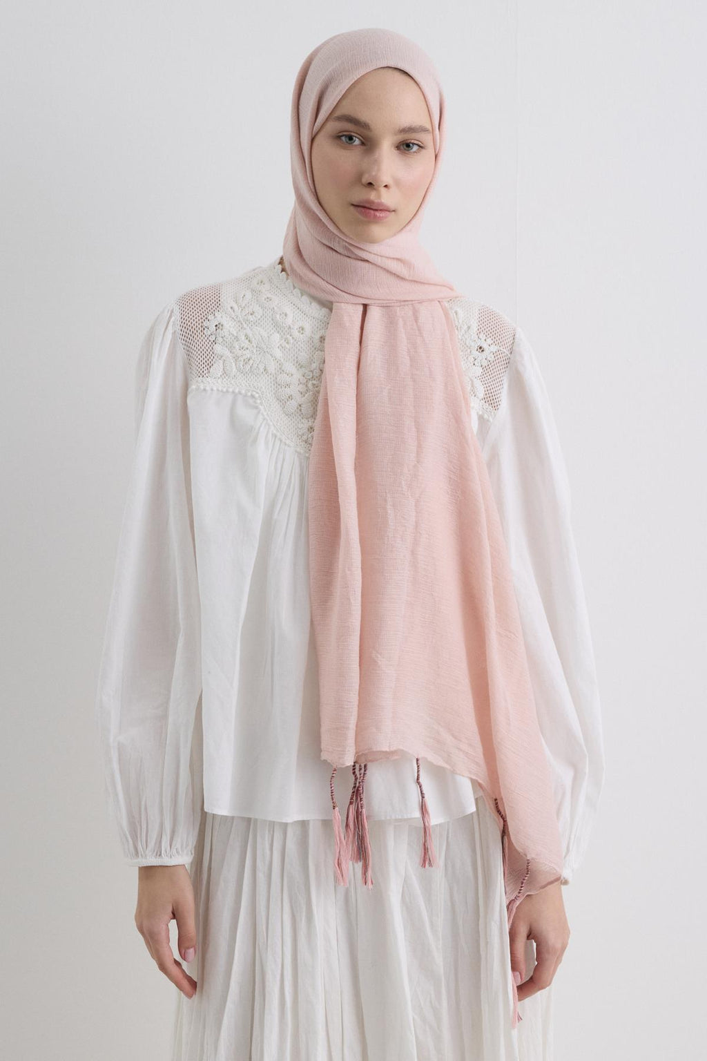 Drew toz pembe bohem uzun saçaklı pamuklu şal | Renk: Toz pembe