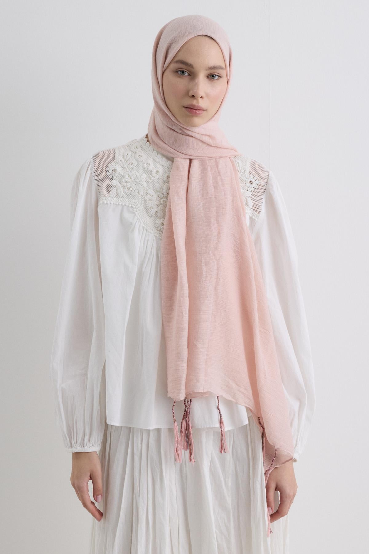 Drew toz pembe bohem uzun saçaklı pamuklu şal | Renk: Toz pembe