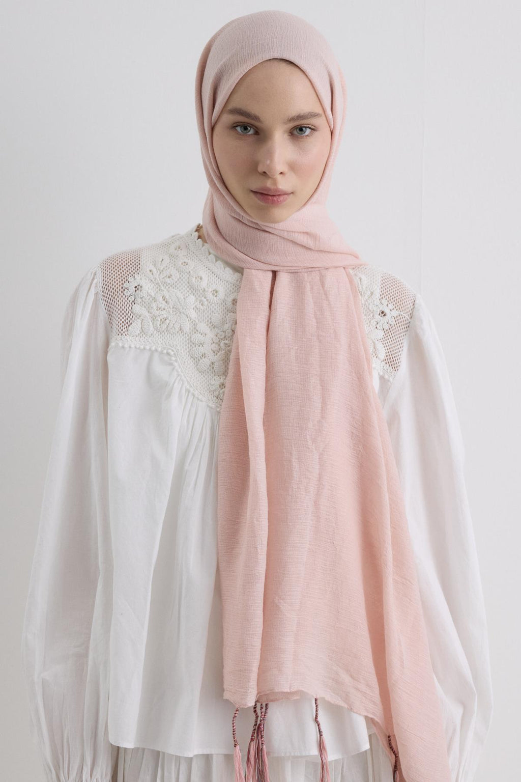Drew toz pembe bohem uzun saçaklı pamuklu şal | Renk: Toz pembe