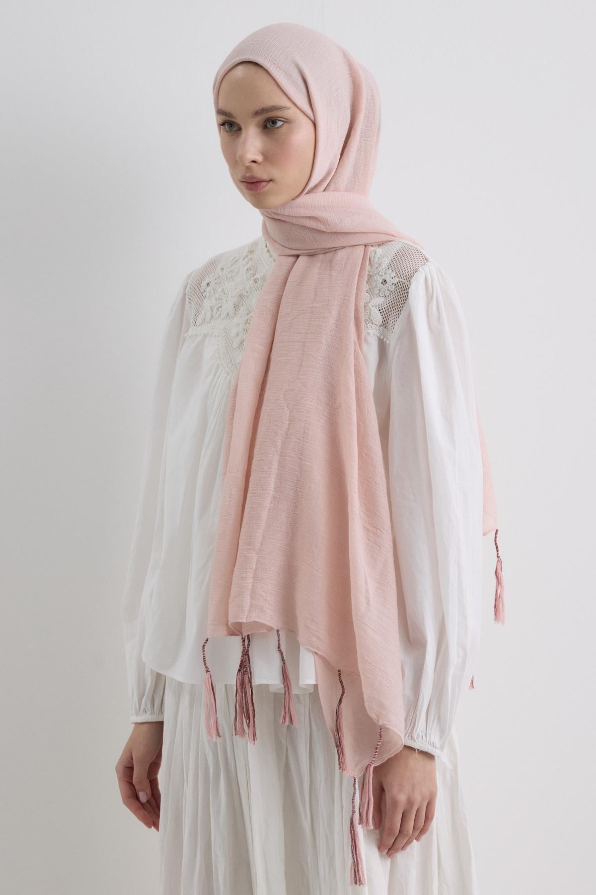 Drew toz pembe bohem uzun saçaklı pamuklu şal | Renk: Toz pembe