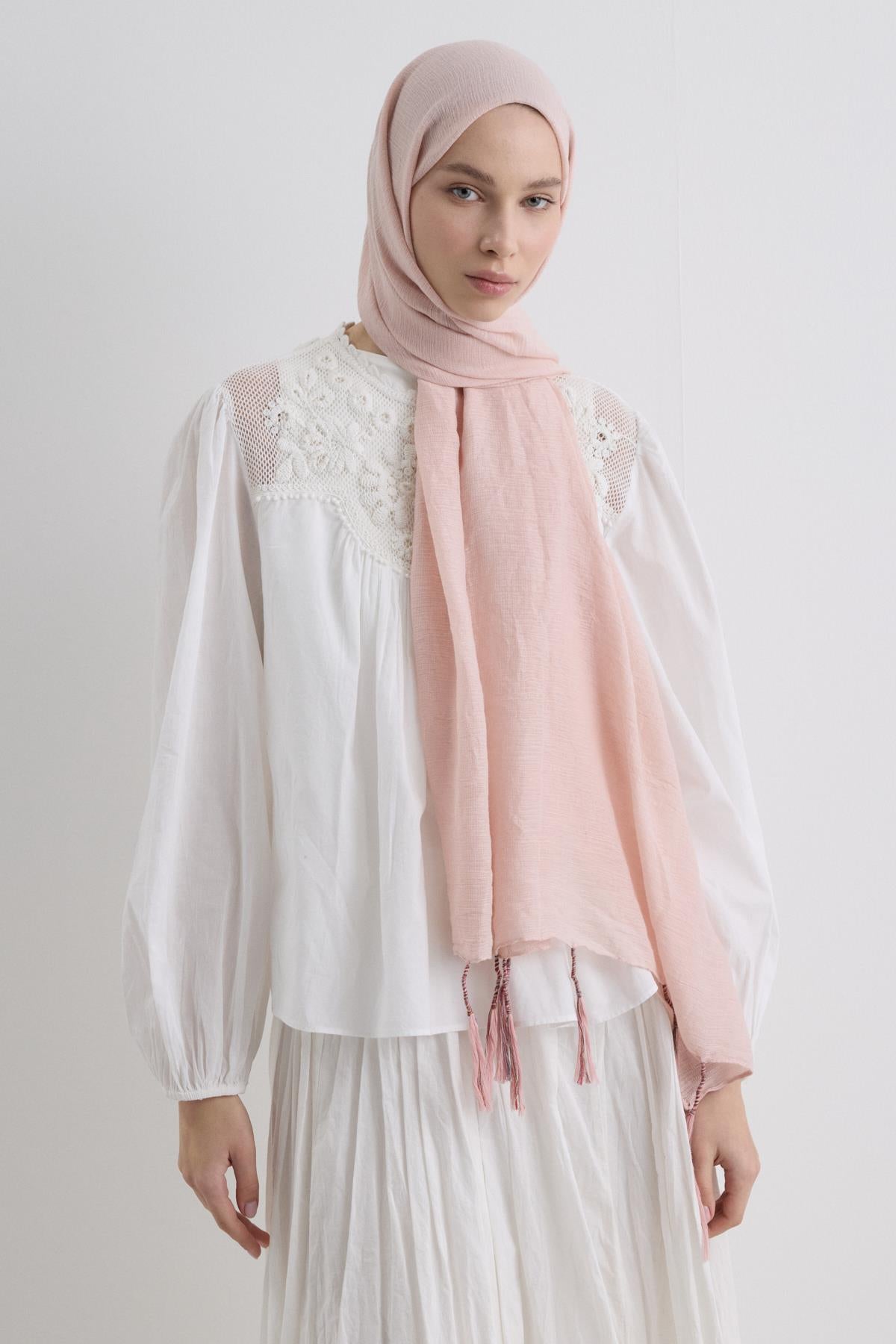 Drew toz pembe bohem uzun saçaklı pamuklu şal | Renk: Toz pembe