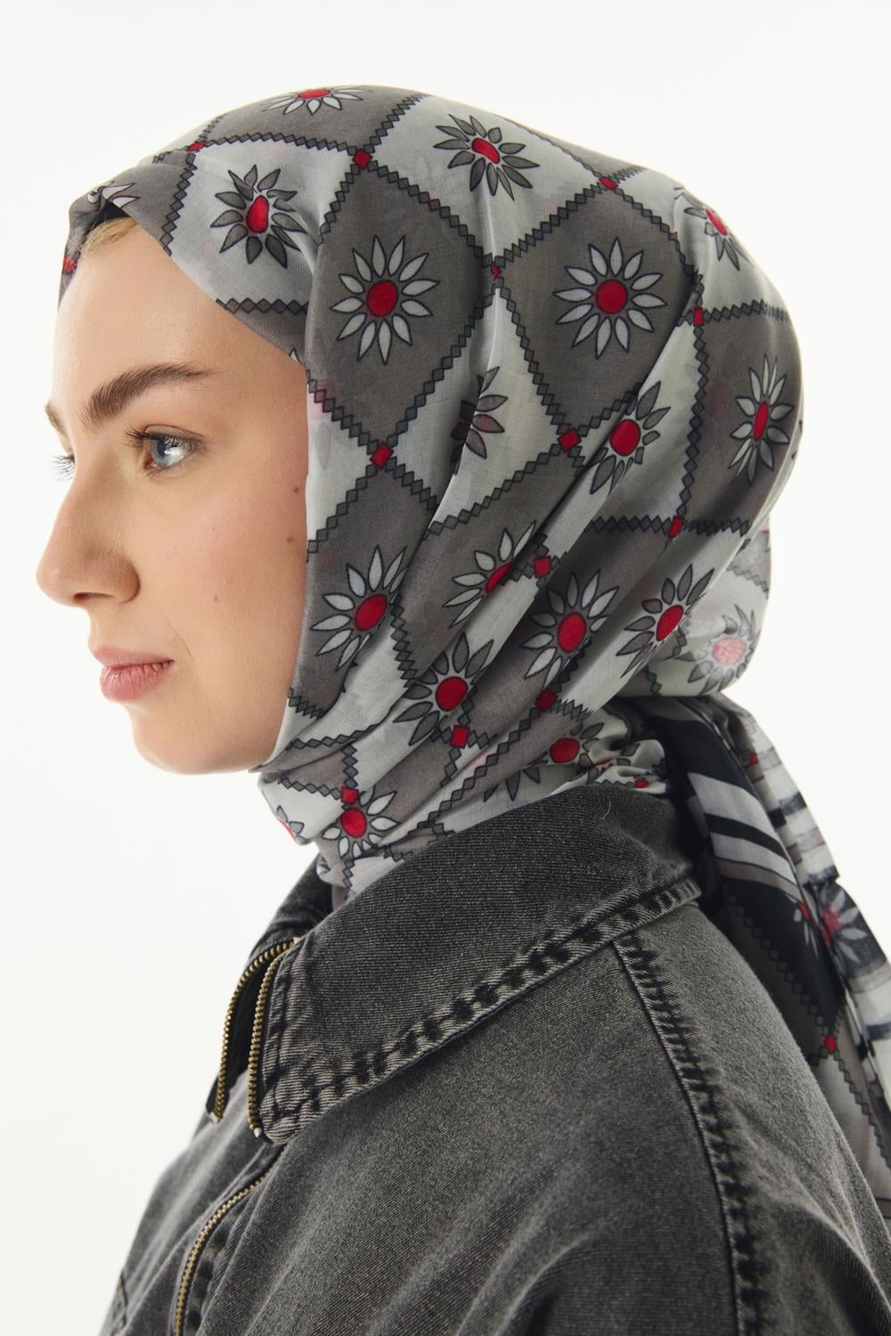 Edna gri-siyah etnik desen pamuklu şal | Renk: Gri siyah