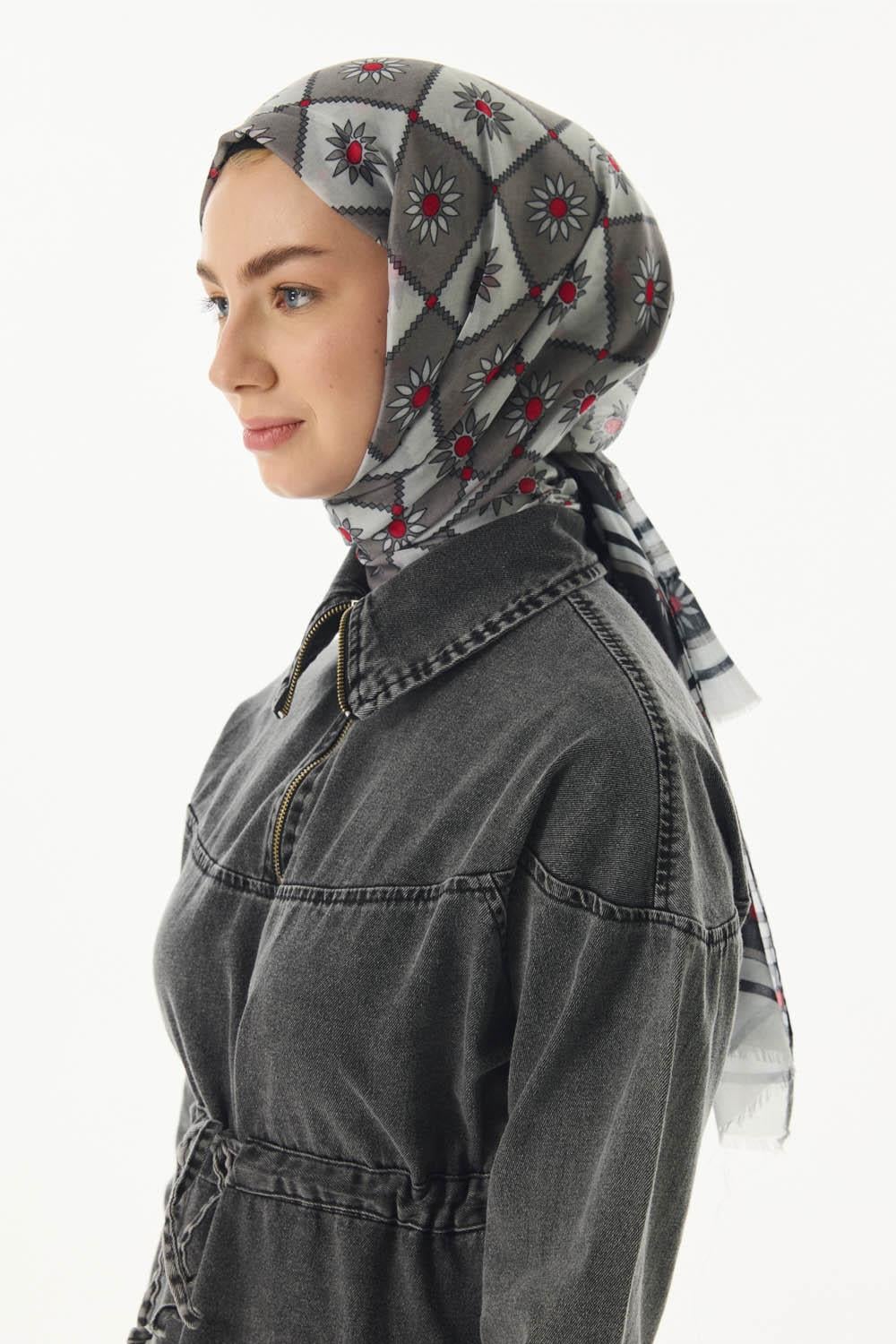 Edna gri-siyah etnik desen pamuklu şal | Renk: Gri siyah